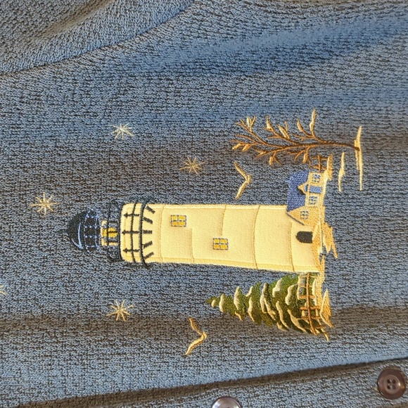 Bon Worth Sweater Lighthouses Women Medium Blue Button Winter Scene - Picture 3 of 11